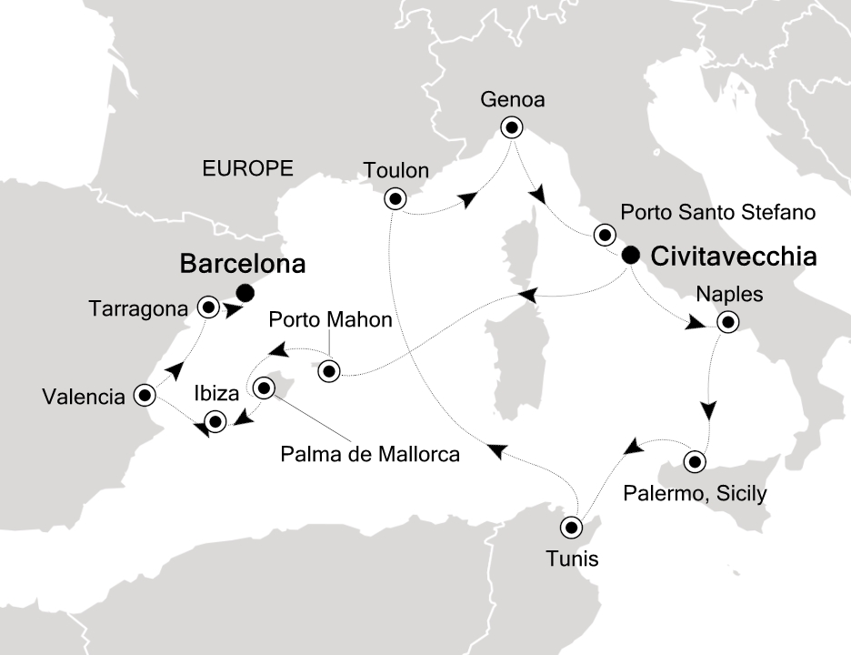 Visiting: Civitavecchia (Rome), Porto Santo Stefano, Palma de...