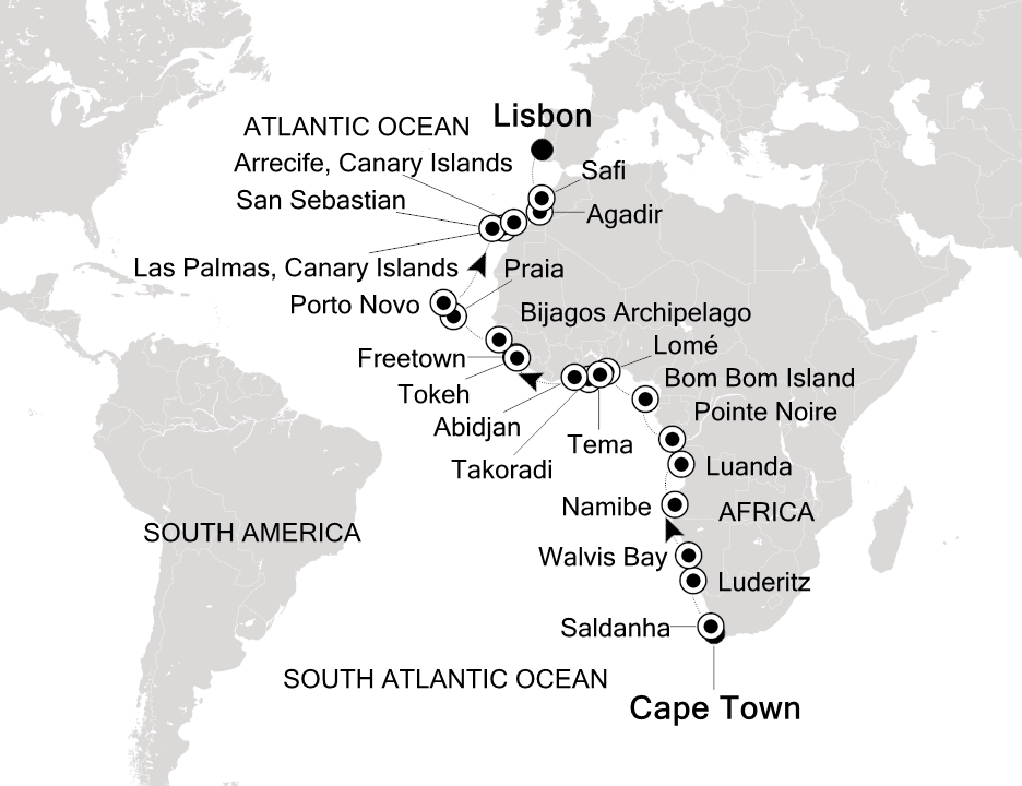 Visiting: Cape Town, Luderitz, Walvis Bay, Namibe, Luanda, Pointe...