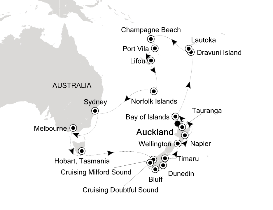 Visiting: Auckland, Tauranga, Bay of Islands, Dravuni Island,...