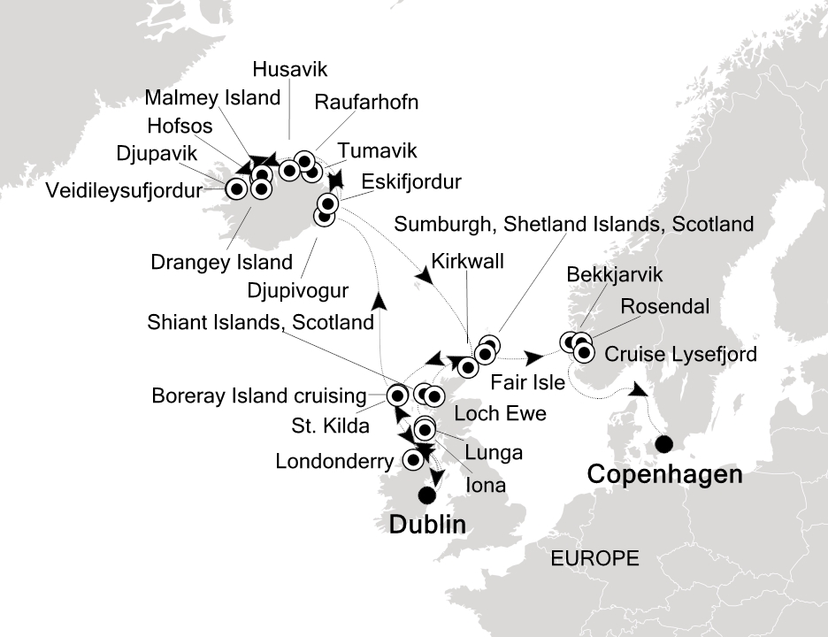 Visiting: Dublin, Lunga, Iona, Boreray Island cruising, Djupivogur,...