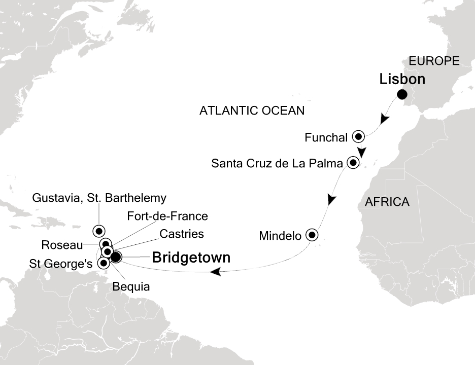 Visiting: Bridgetown, Castries (St. Lucia), Fort-de-France,...