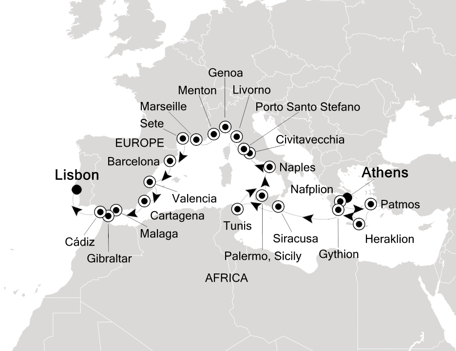 Visiting: Athens (Piraeus), Nafplion, Patmos, Heraklion, Gythion,...
