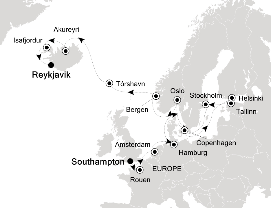 Visiting: Southampton, Rouen, Amsterdam, Hamburg, Copenhagen,...