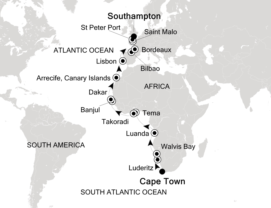 Visiting: Lisbon, Bilbao, Bordeaux, Saint Malo (Brittany), St Peter...