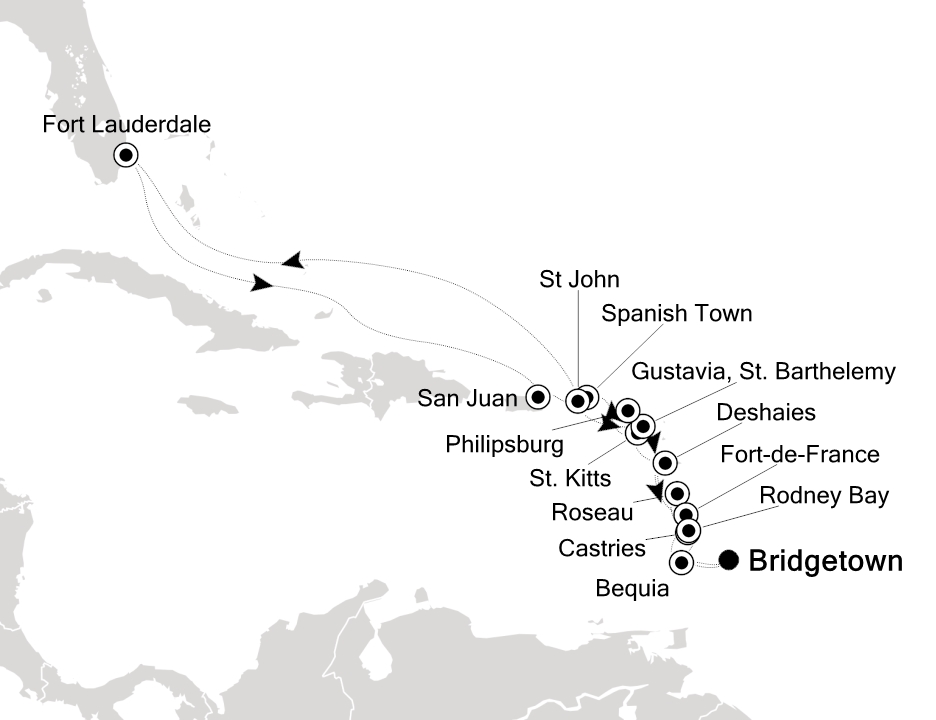 Visiting: Bridgetown, Bequia, Castries (St. Lucia), Roseau,...