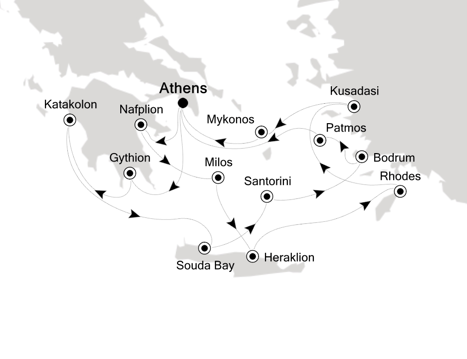 Visiting: Athens (Piraeus), Nafplion, Milos (Nisos Melos),...