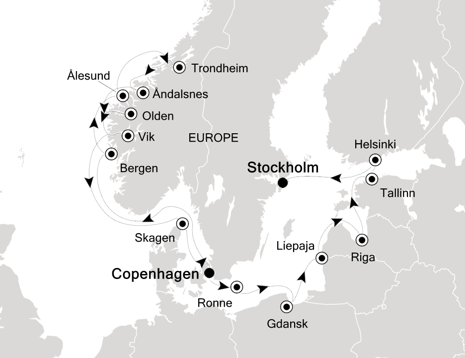Visiting: Copenhagen, Bergen, Ålesund, Trondheim (Trondelag),...