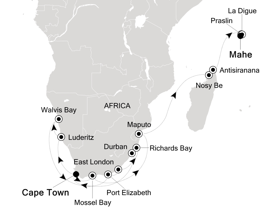 Visiting: Cape Town, Luderitz, Walvis Bay, Port Elizabeth, East...