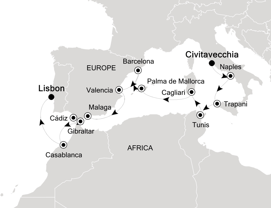 Visiting: Civitavecchia (Rome), Naples, Trapani (Sicily), Tunis (La...
