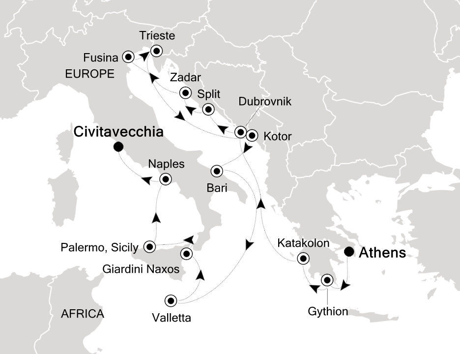 Visiting: Athens (Piraeus), Gythion, Katakolon (Olympia),...