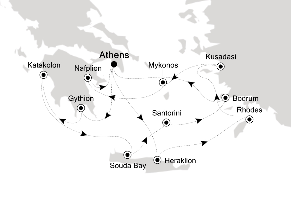 Visiting: Athens (Piraeus), Heraklion, Rhodes, Kusadasi, Mykonos,...