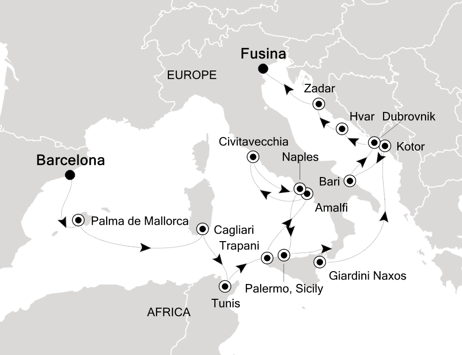 Visiting: Barcelona, Palma de Mallorca, Cagliari (Sardinia), Tunis...