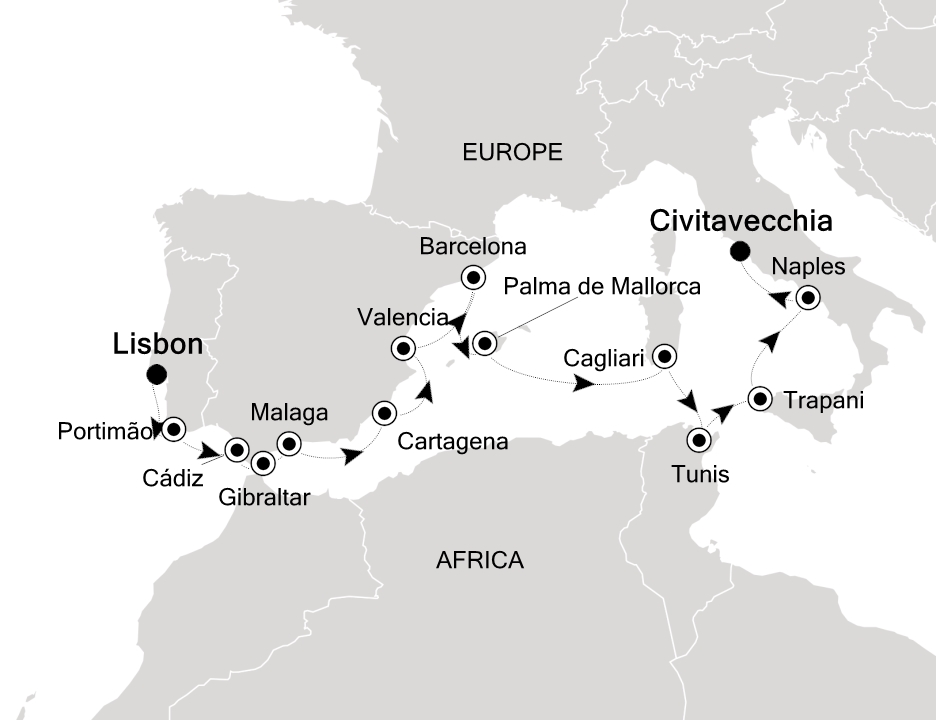 Visiting: Lisbon, Portimão, Cádiz, Gibraltar, Malaga (Costa del...