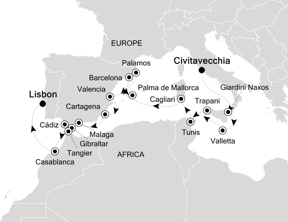 Visiting: Civitavecchia (Rome), Giardini Naxos (Sicily), Valletta,...