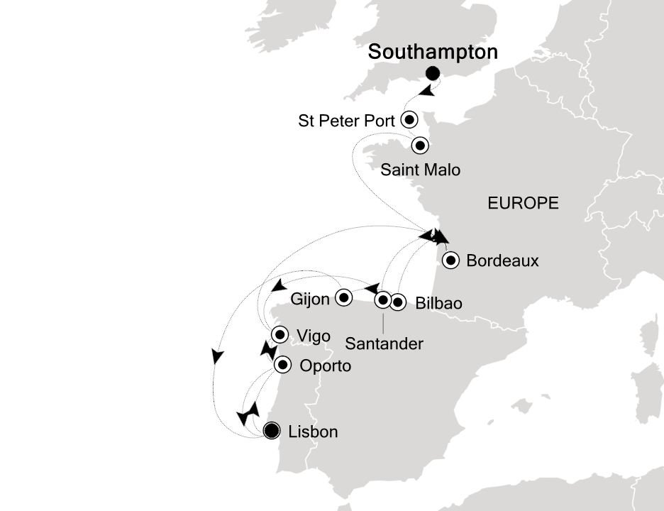 Visiting: Southampton, St Peter Port, Saint Malo (Brittany),...