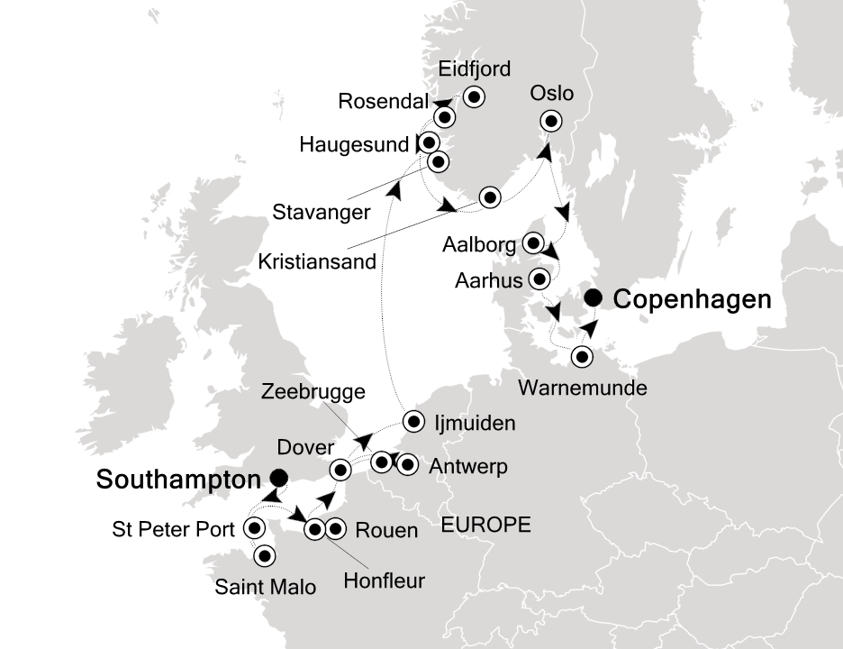 Visiting: Southampton, St Peter Port, Saint Malo (Brittany), Rouen,...