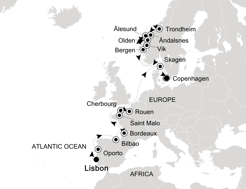 Visiting: Lisbon, Oporto (Leixões), Bilbao, Bordeaux, Cherbourg,...