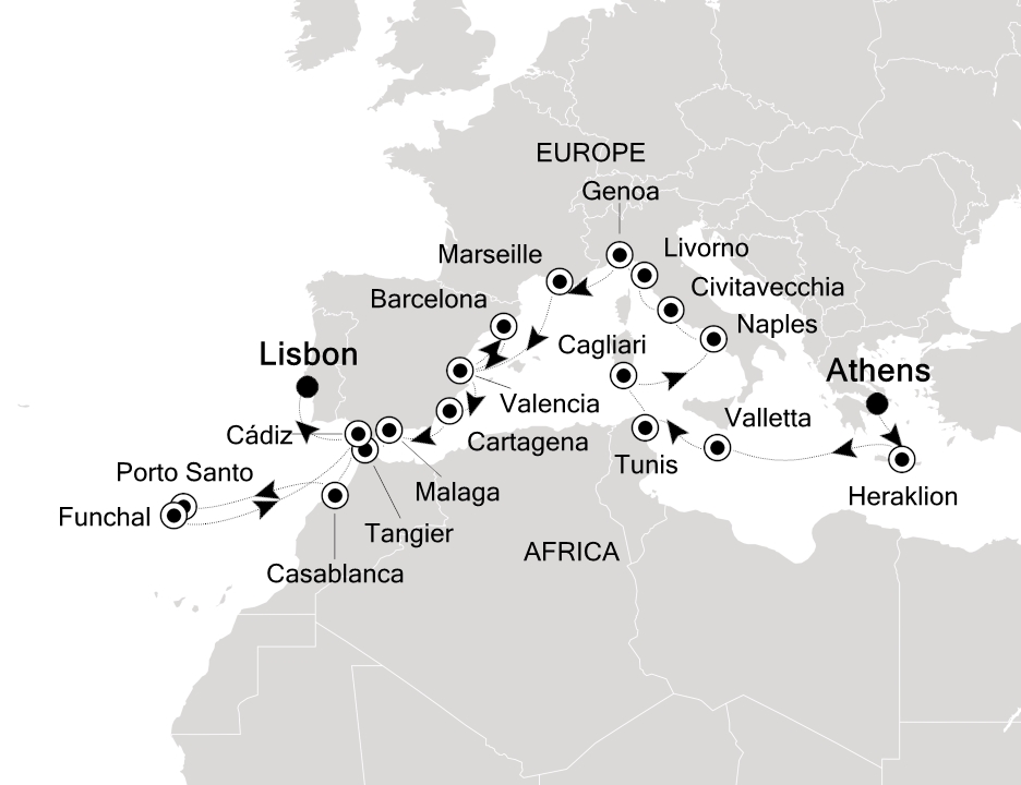 Visiting: Athens (Piraeus), Heraklion, Valletta, Tunis (La...