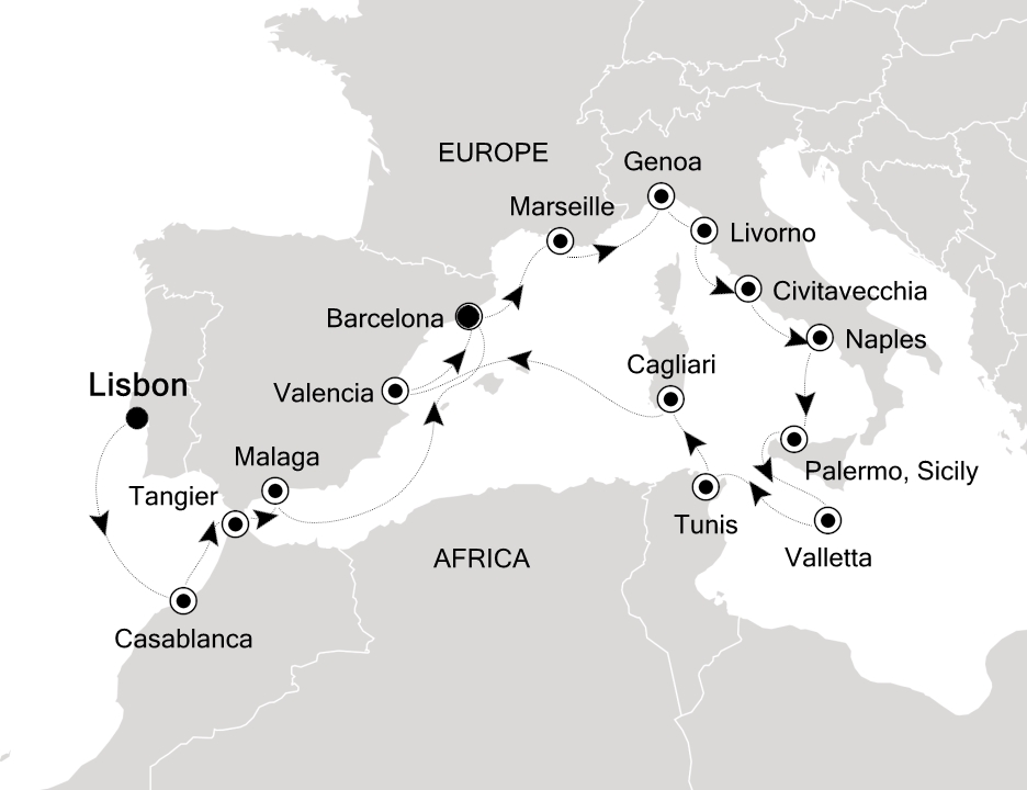 Visiting: Lisbon, Casablanca, Tangier, Malaga (Costa del Sol),...