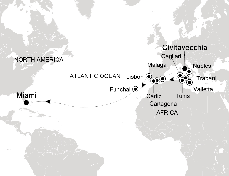 Visiting: Lisbon, Funchal (Madeira), Miami, FL, Civitavecchia...