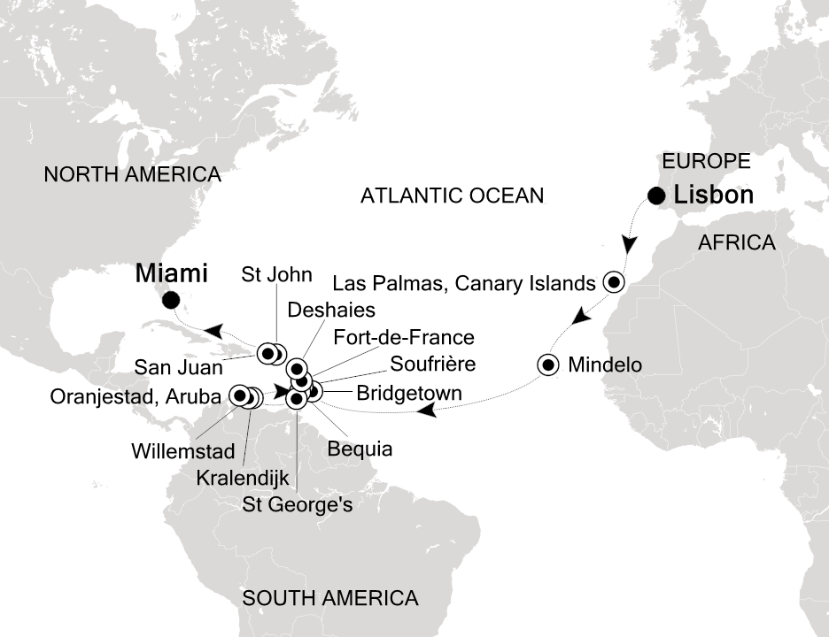 Visiting: Lisbon, Las Palmas (Canary Islands), Mindelo, Bridgetown,...