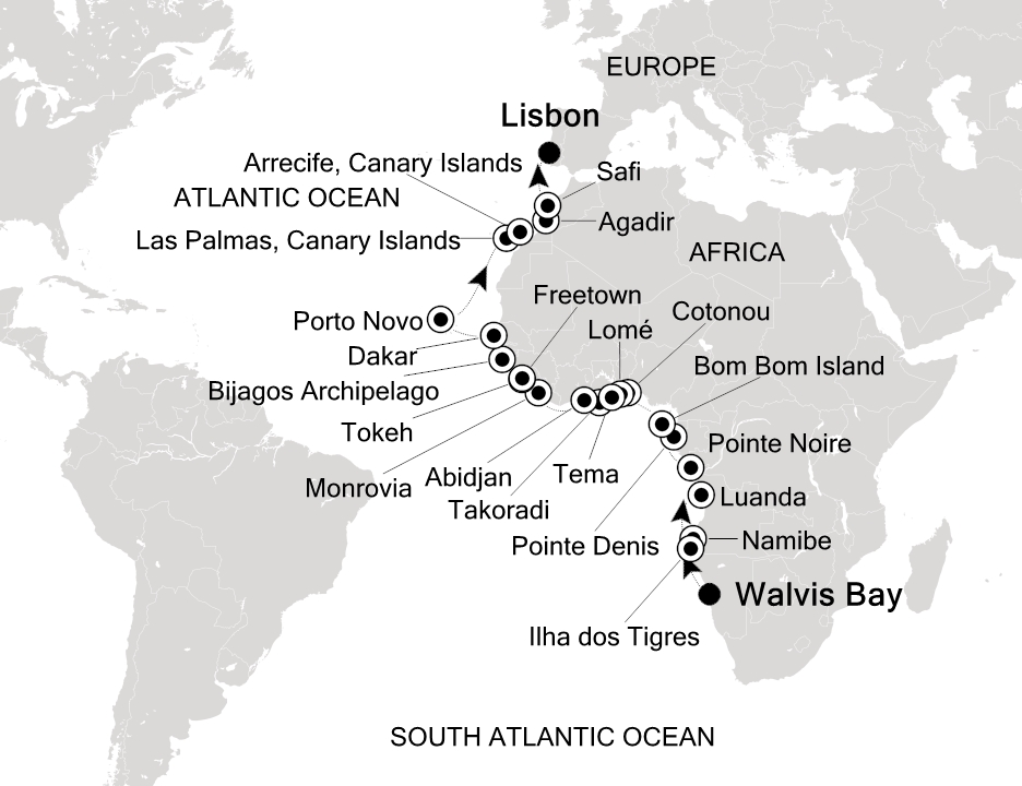 Visiting: Walvis Bay, Namibe, Ilha dos Tigres, Luanda, Pointe...