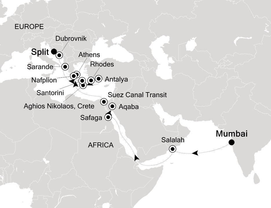 Visiting: Mumbai, Salalah, Safaga (Luxor), Aqaba (Petra), Suez...