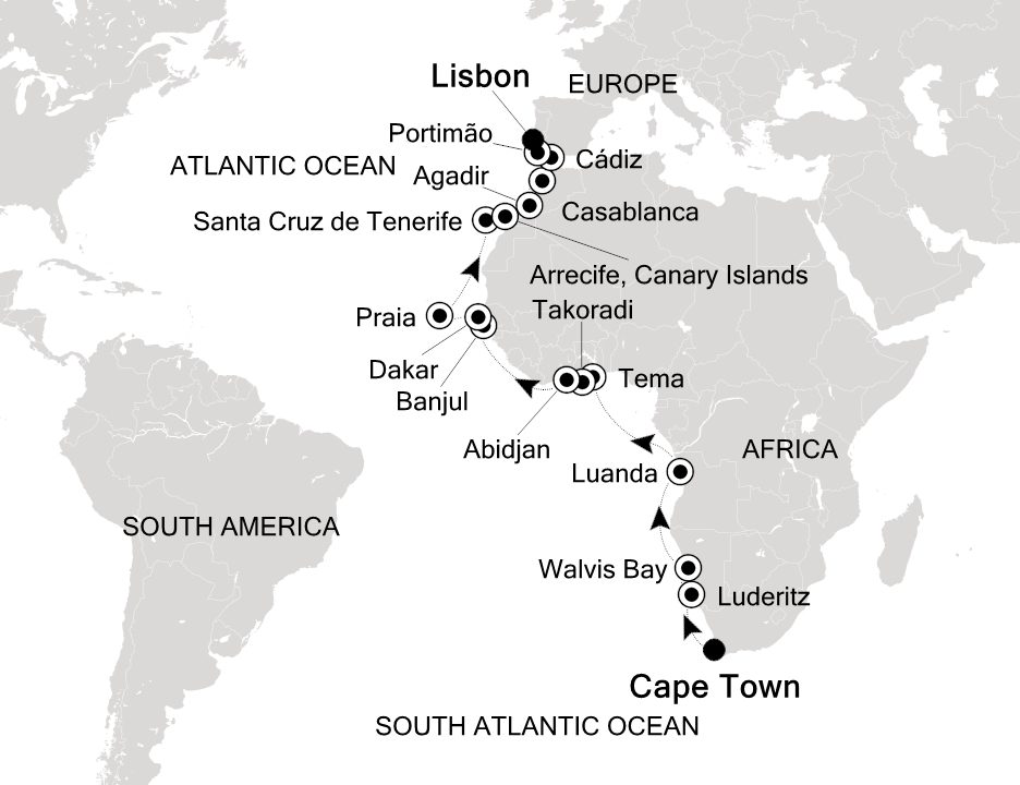 Visiting: Cape Town, Luderitz, Walvis Bay, Luanda, Tema (Accra),...