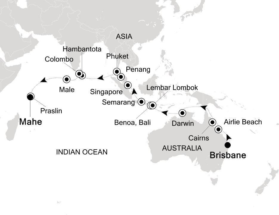 Visiting: Brisbane, Airlie Beach, Cairns, Darwin, Benoa (Bali),...