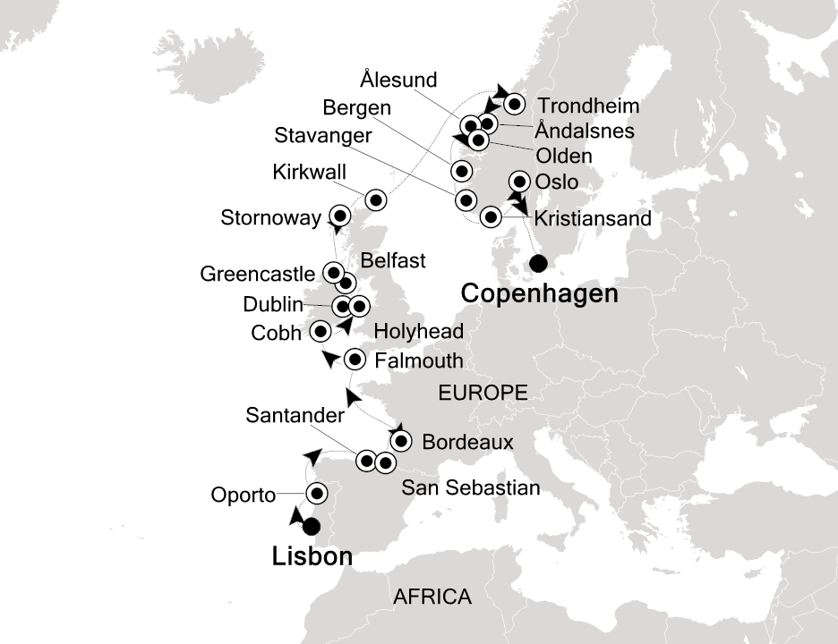 Visiting: Lisbon, Oporto (Leixões), Santander, San Sebastian,...
